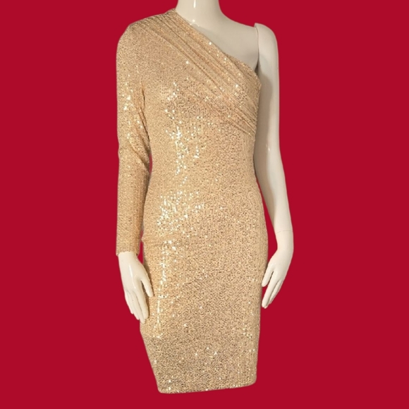 Dresses & Skirts - Elegant Gold Sequin One-Shoulder Dress